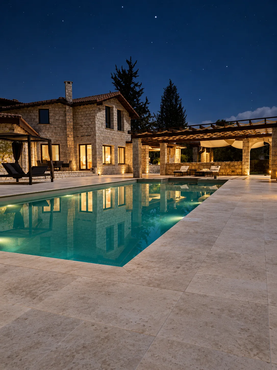 Steinhaus mit Pool auf Zypern bei Nacht
